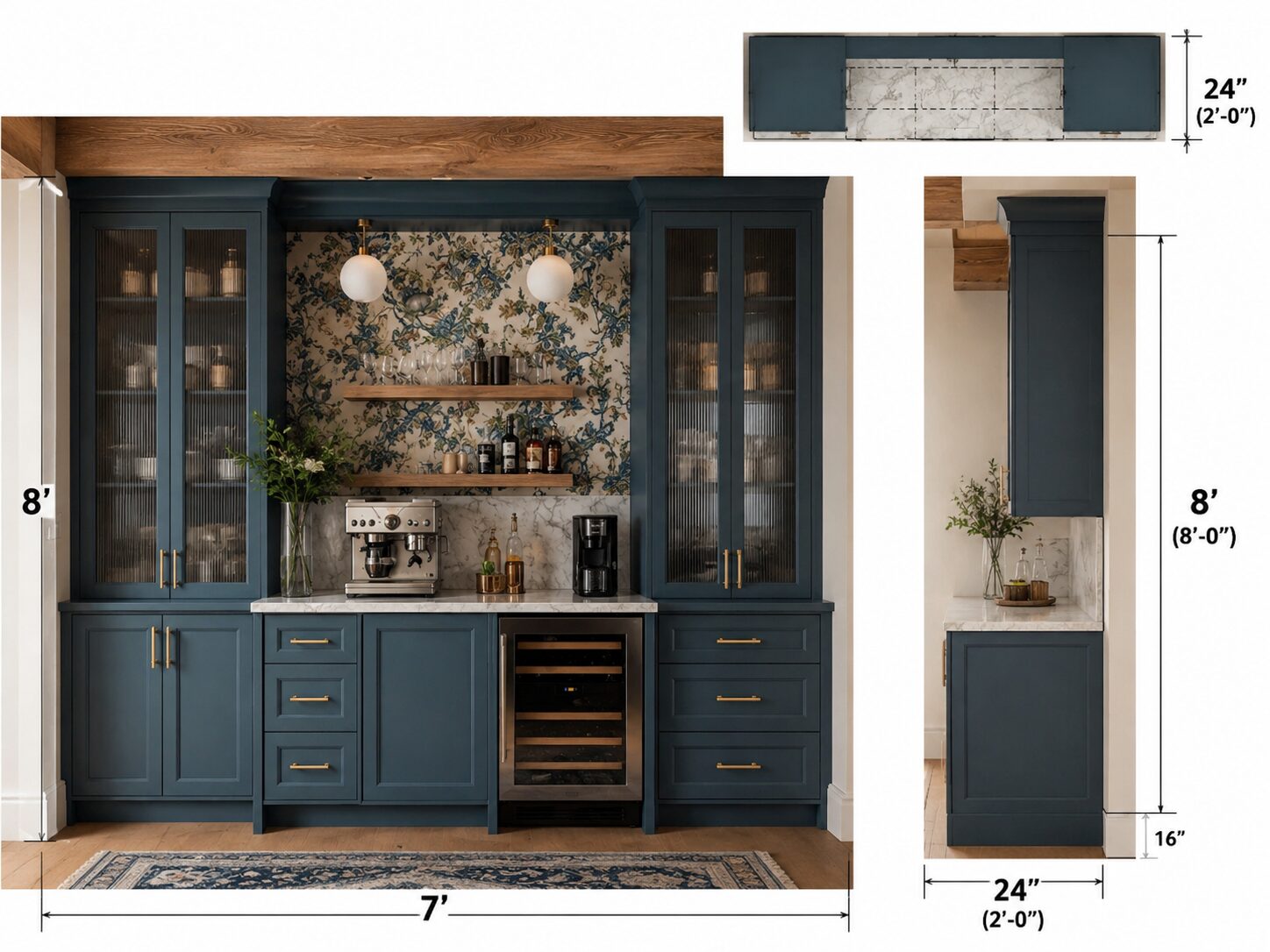 Moody navy home bar design rendering with measurements