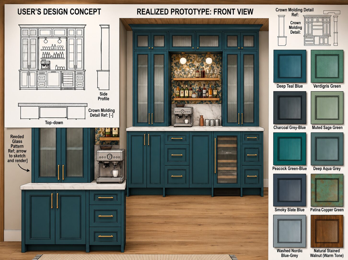 Deep teal bar design with finish and color options