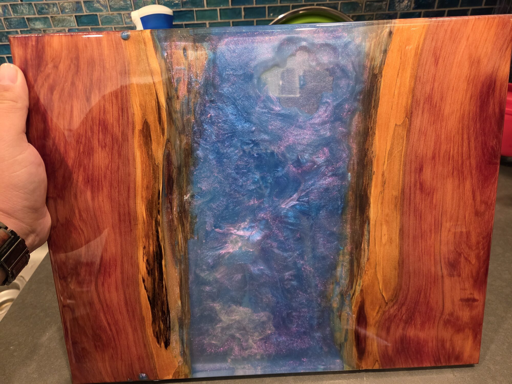 Red cedar board with purple and blue galaxy resin