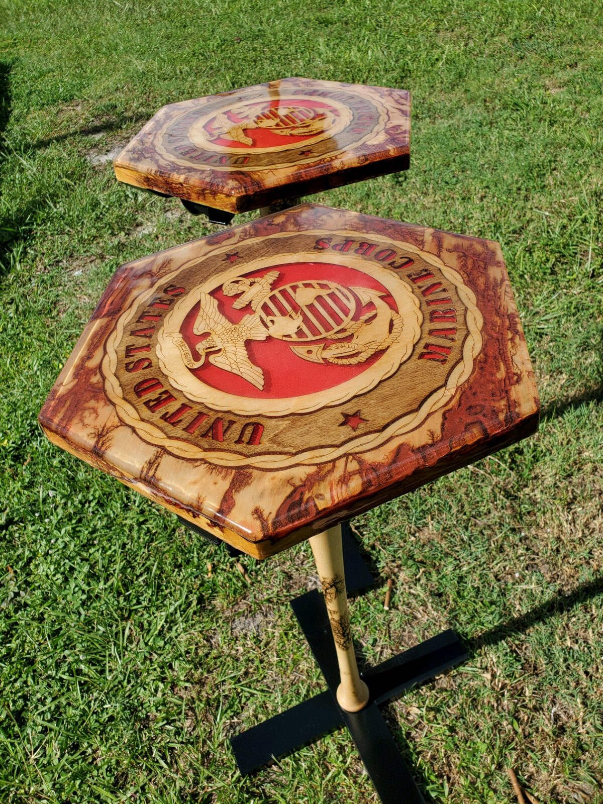 Marine Corps emblem side tables with resin finish