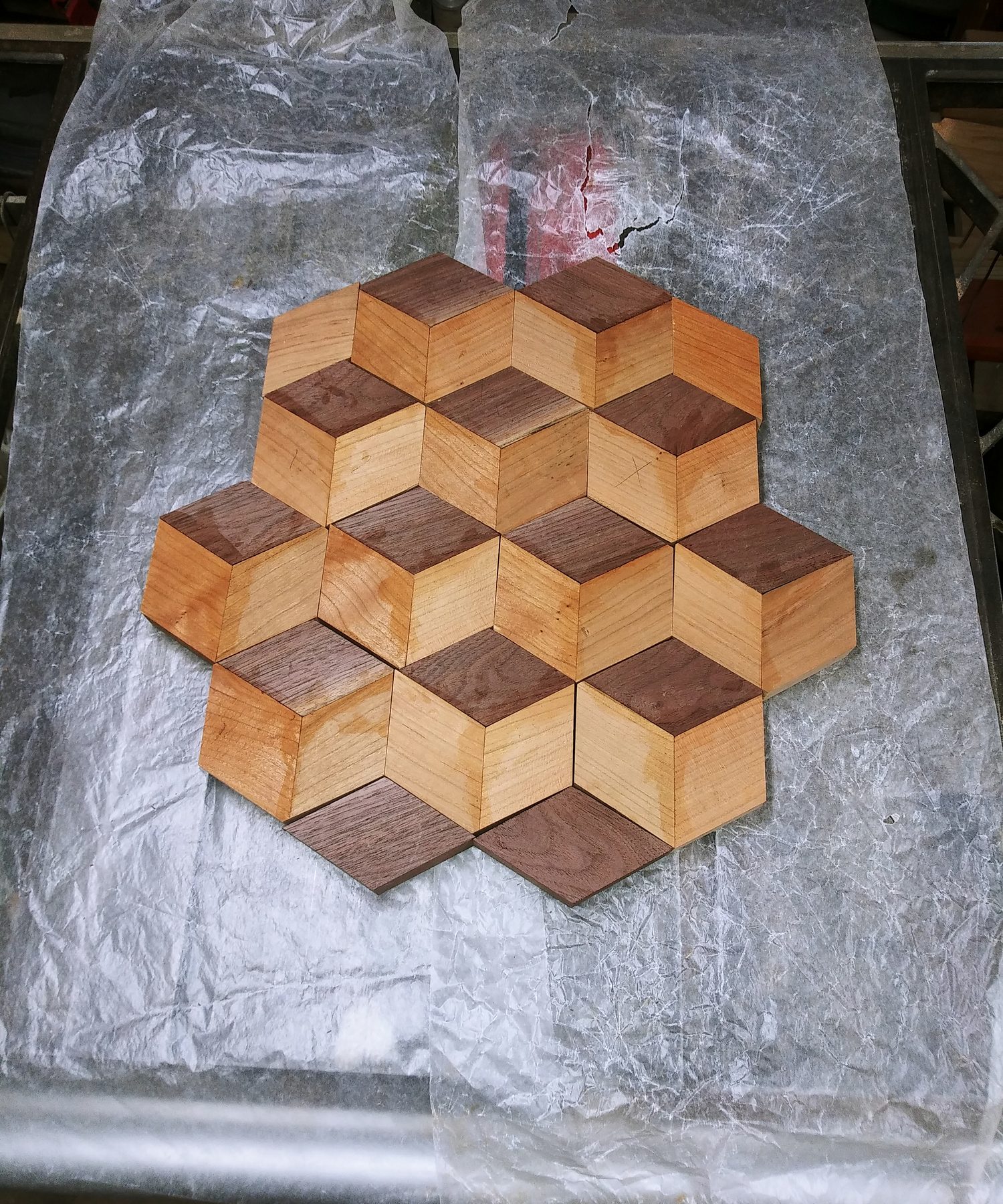 Tumbling-block diamonds laid out before glue-up