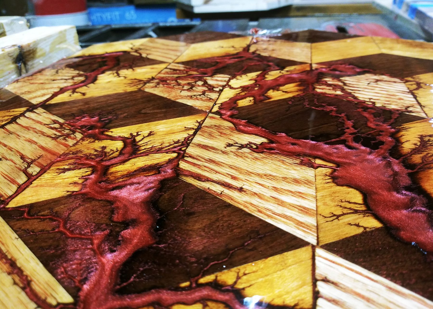 Red resin, close